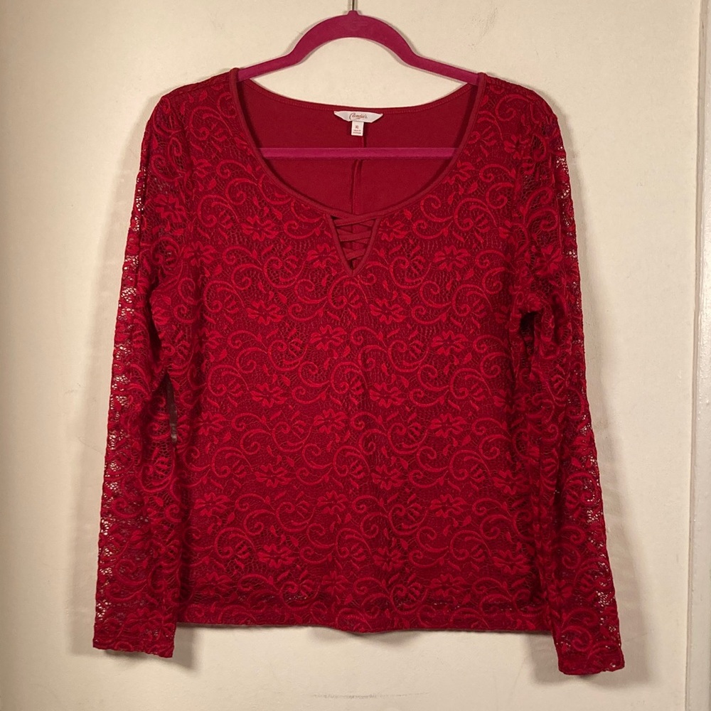 Y2K Candies Valentines Cherry Red Lace Top Sz XL Floral Boho Feminine Romantic